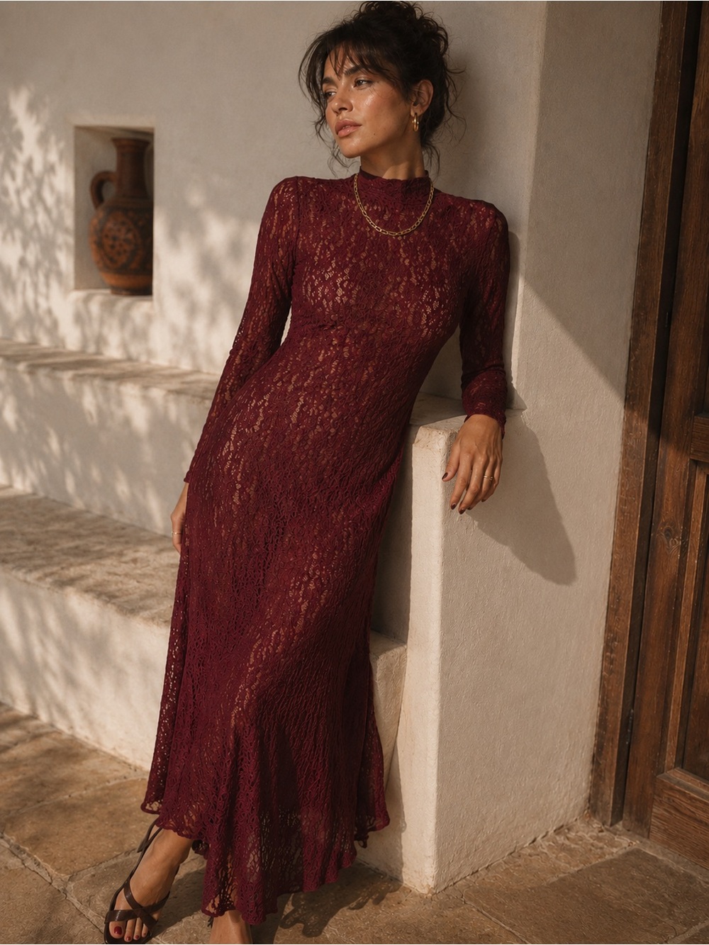 ZARA Burgundy Lace Asymmetrical Hem Midi Dress S NWT Boudoir Romantic Whimsy